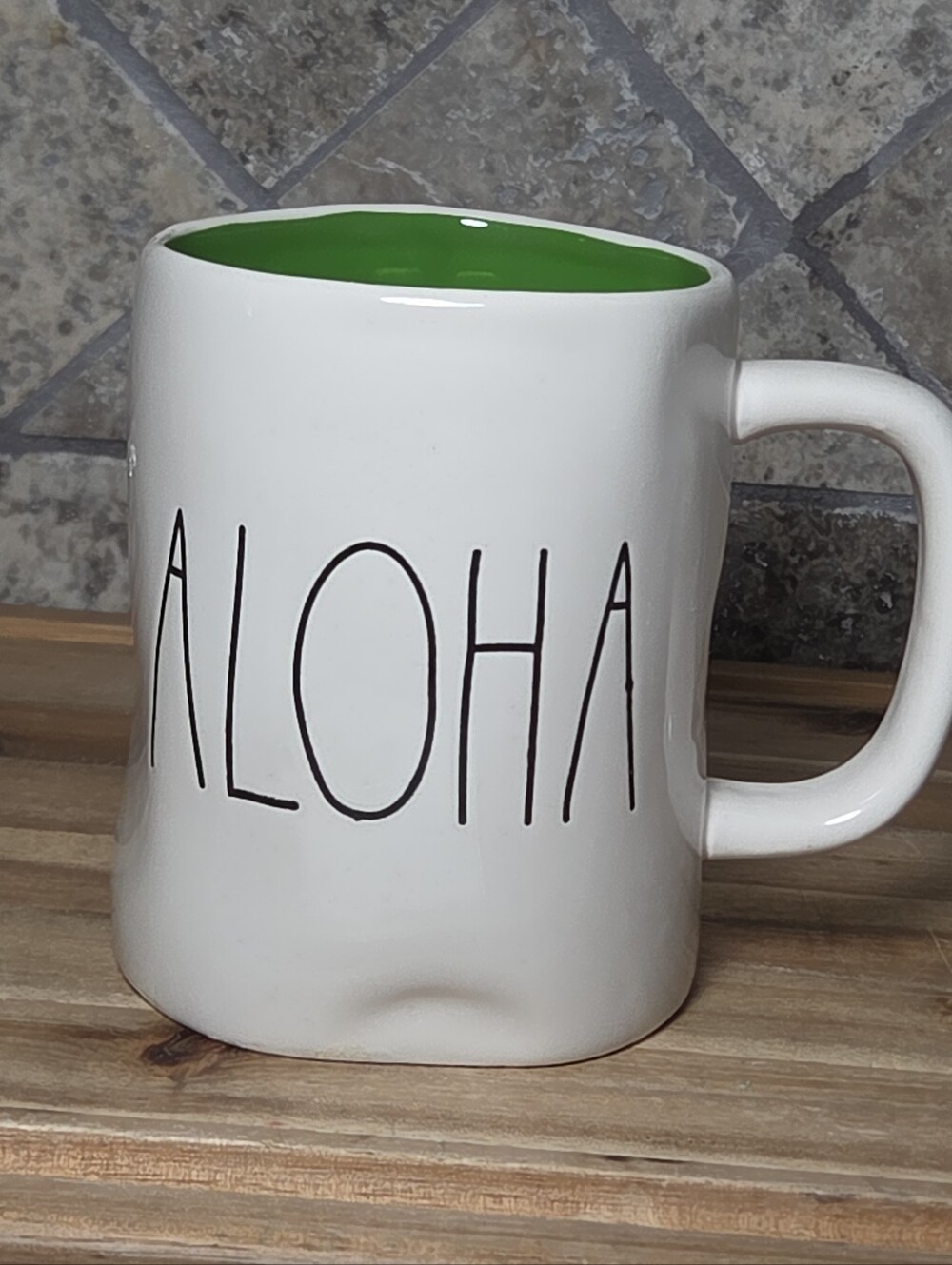 Rae Dunn Aloha mug White With Green Great Gift 16 Oz 4.5" T